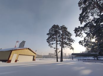 Snow covered houses and trees against sky