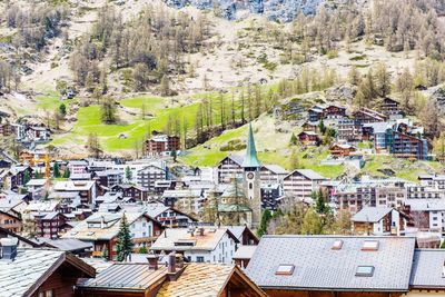 High angle view of houses and trees in town