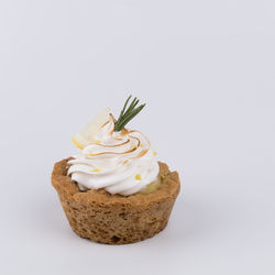 Close-up of cake against white background