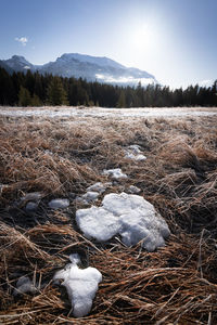 Last touch of winter in canadian rockies, quarry lake, canmore, alberta, canada