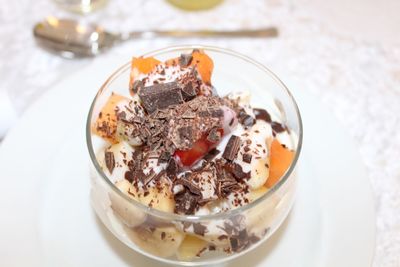 High angle view of dessert in plate on table