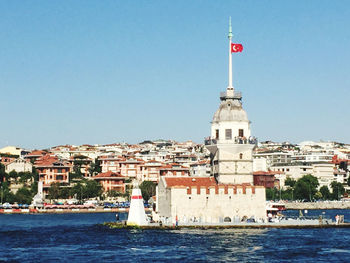 View of lighthouse by buildings in city