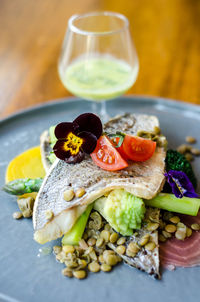 Close-up of salad served on table