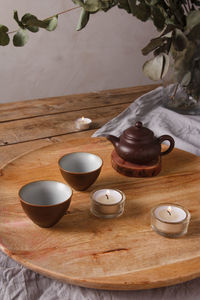 High angle view of tea cup on table