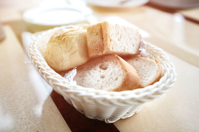 High angle view of bread in basket on table