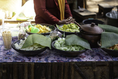 Midsection of person sitting by food on table