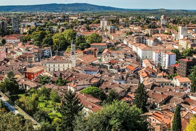 High angle view of houses in town