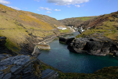 High angle view of water flowing through rocks