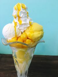 Close-up of ice cream on table