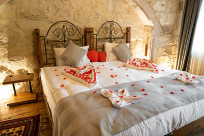 Hotel room for a couple in love with hearts
