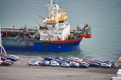 High angle view of ship moored at harbor