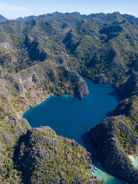 High angle view of lake and rocks