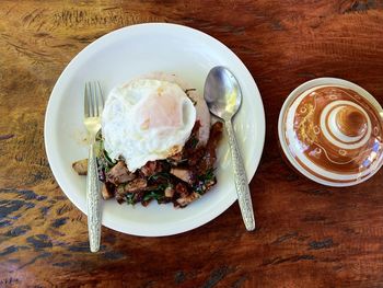 High angle view of breakfast served on table