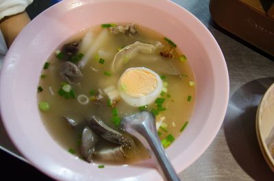 High angle view of soup in bowl on table