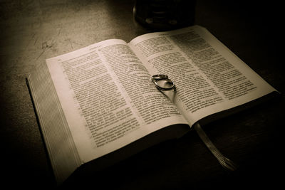 High angle view of open book on table