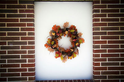 Close-up of flower against brick wall