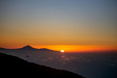 Scenic view of silhouette mountain against romantic sky at sunset