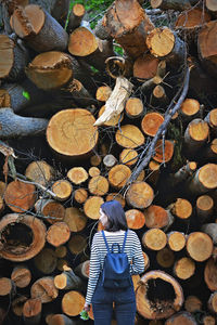 Rear view of woman standing by logs in forest