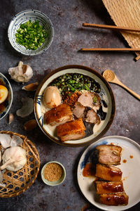 High angle view of food served on table