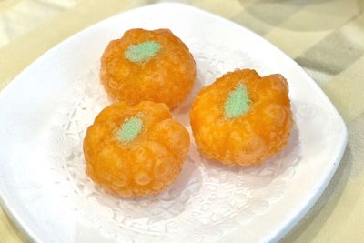 High angle view of dessert in plate on table