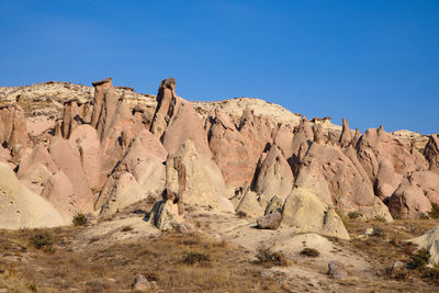 Low angle view of rock formations against sky