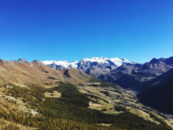 Scenic view of mountains against clear blue sky