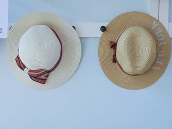 Low angle view of hat hanging against sky