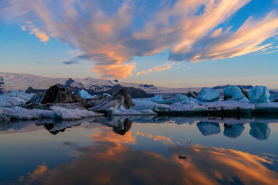 Scenic view of frozen lake against sky during sunset