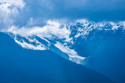 Aerial view of snowcapped mountains and sea against sky