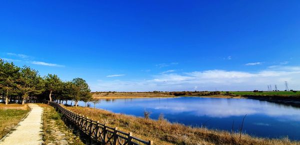 Scenic view of lake against blue sky