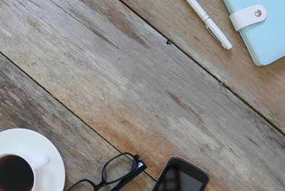 High angle view of telephone on table