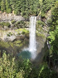 Scenic view of waterfall in forest in ouest canadien. 