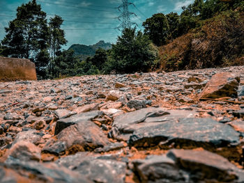 Surface level of rocks on land against sky