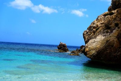 Scenic view of sea against blue sky