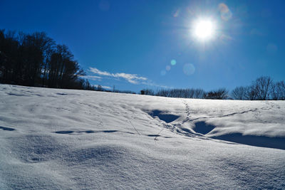 Scenic view of snow covered field against sky