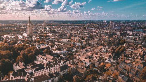 High angle shot of townscape against sky