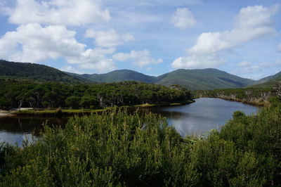 Scenic view of lake and mountains against sky