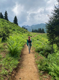 Rear view of man walking on footpath