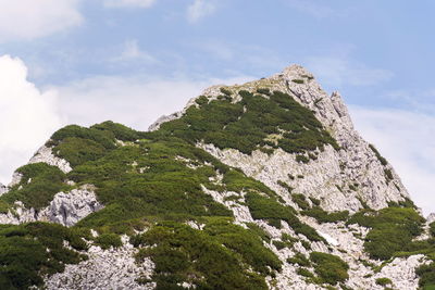 Low angle view of rocky mountains against sky