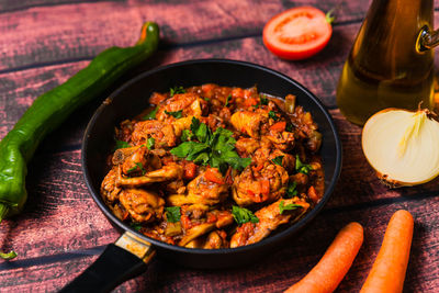 High angle view of food in plate on table