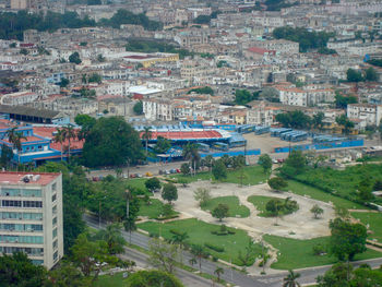 High angle view of buildings in city