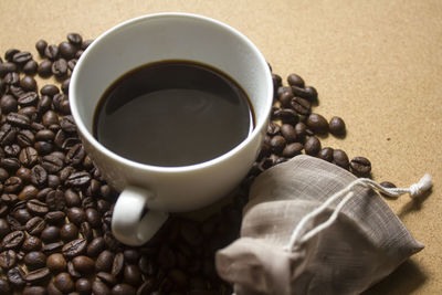 High angle view of coffee cup on table