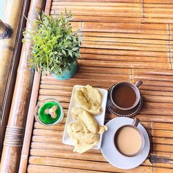 High angle view of breakfast on table