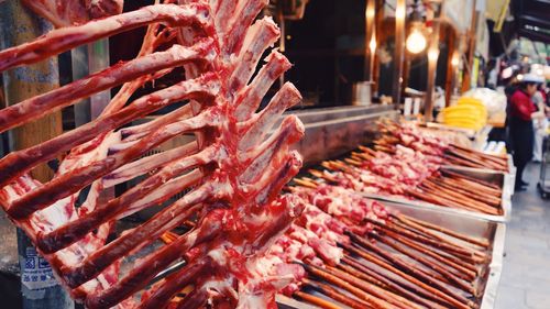 Close-up of meat carcass for sale