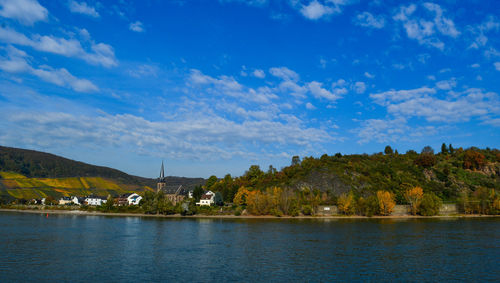 Scenic view of lake by trees against sky