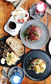 High angle view of food served on table