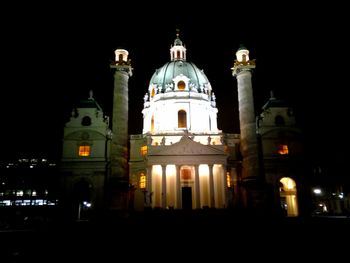 Low angle view of illuminated cathedral at night