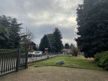 Footpath amidst trees and buildings against sky