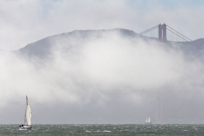 Scenic view of suspension bridge over sea