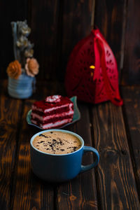 High angle view of coffee cup on table